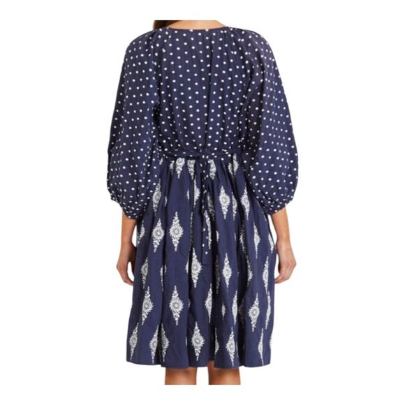 TALISMAN Gaia Dress Navy Blue 100% Cotton Lined Pockets Tie Back Embroidery L - Picture 2 of 16